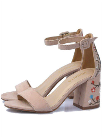 Womens Floral Embroidered Square Heel Fashion Sandals - Beige / 5 - Womens Sandals