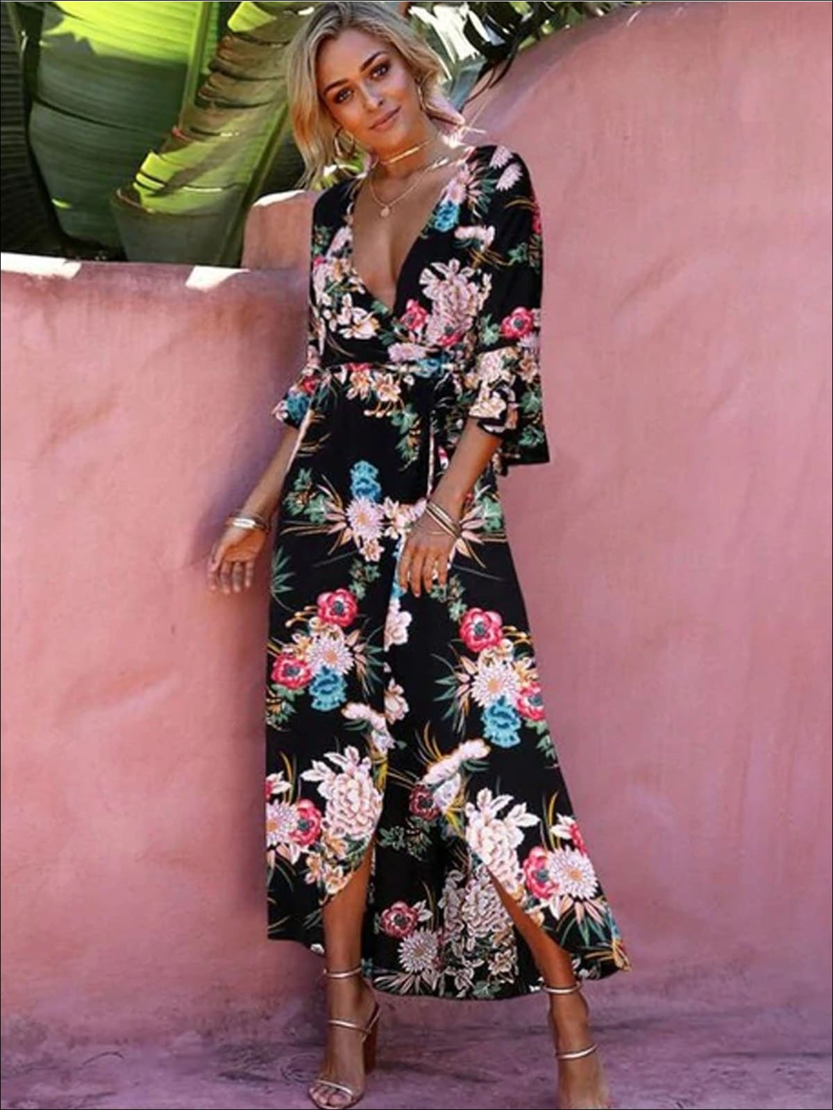 Womens Floral Flare Sleeve Hi-Lo Wrap Dress - Black / S - Womens Dresses