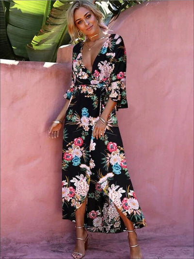 Womens Floral Flare Sleeve Hi-Lo Wrap Dress - Black / S - Womens Dresses