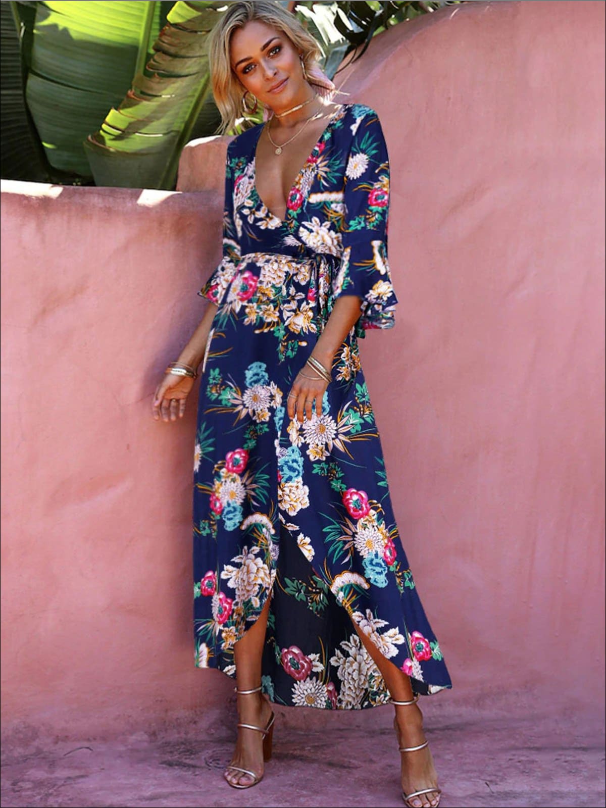 Womens Floral Flare Sleeve Hi-Lo Wrap Dress - Navy / S - Womens Dresses