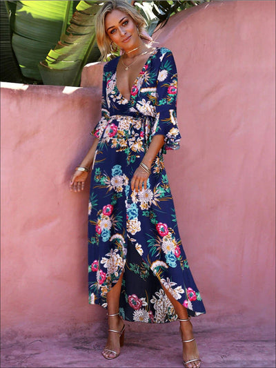 Womens Floral Flare Sleeve Hi-Lo Wrap Dress - Navy / S - Womens Dresses