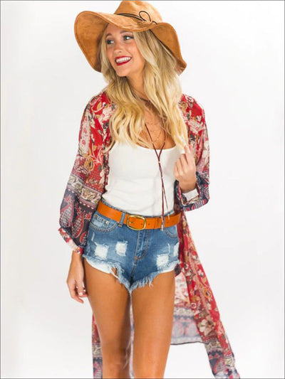 Womens Floral Sheer Maxi Bohemian Kimono - Womens Outerwear