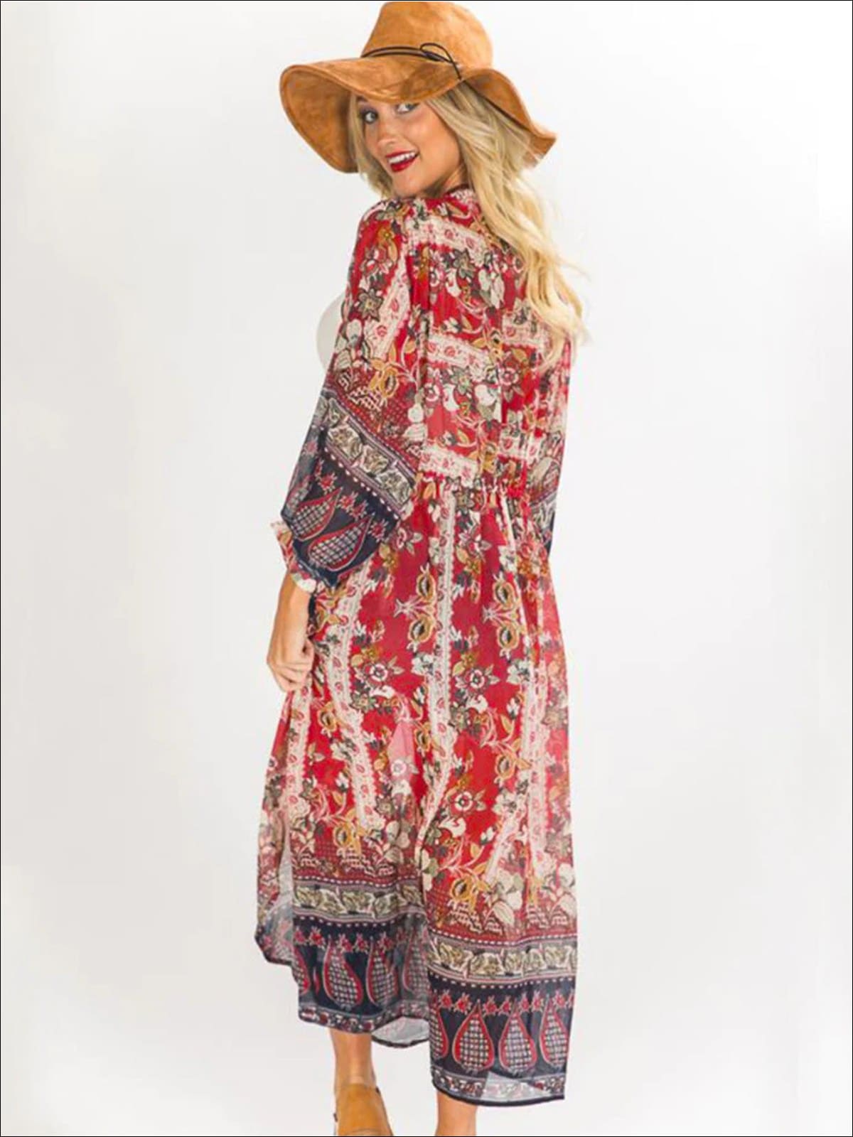 Womens Floral Sheer Maxi Bohemian Kimono - Womens Outerwear