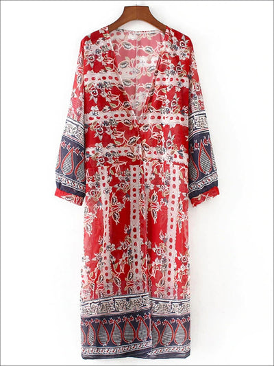 Womens Floral Sheer Maxi Bohemian Kimono - Similar To Image / S - Womens Outerwear