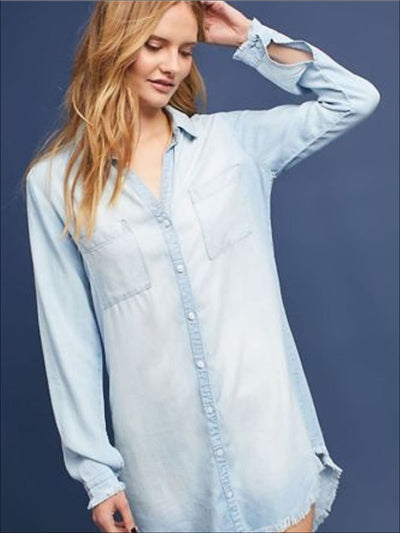 Womens Frayed Hem Denim Tunic - Womens Tops