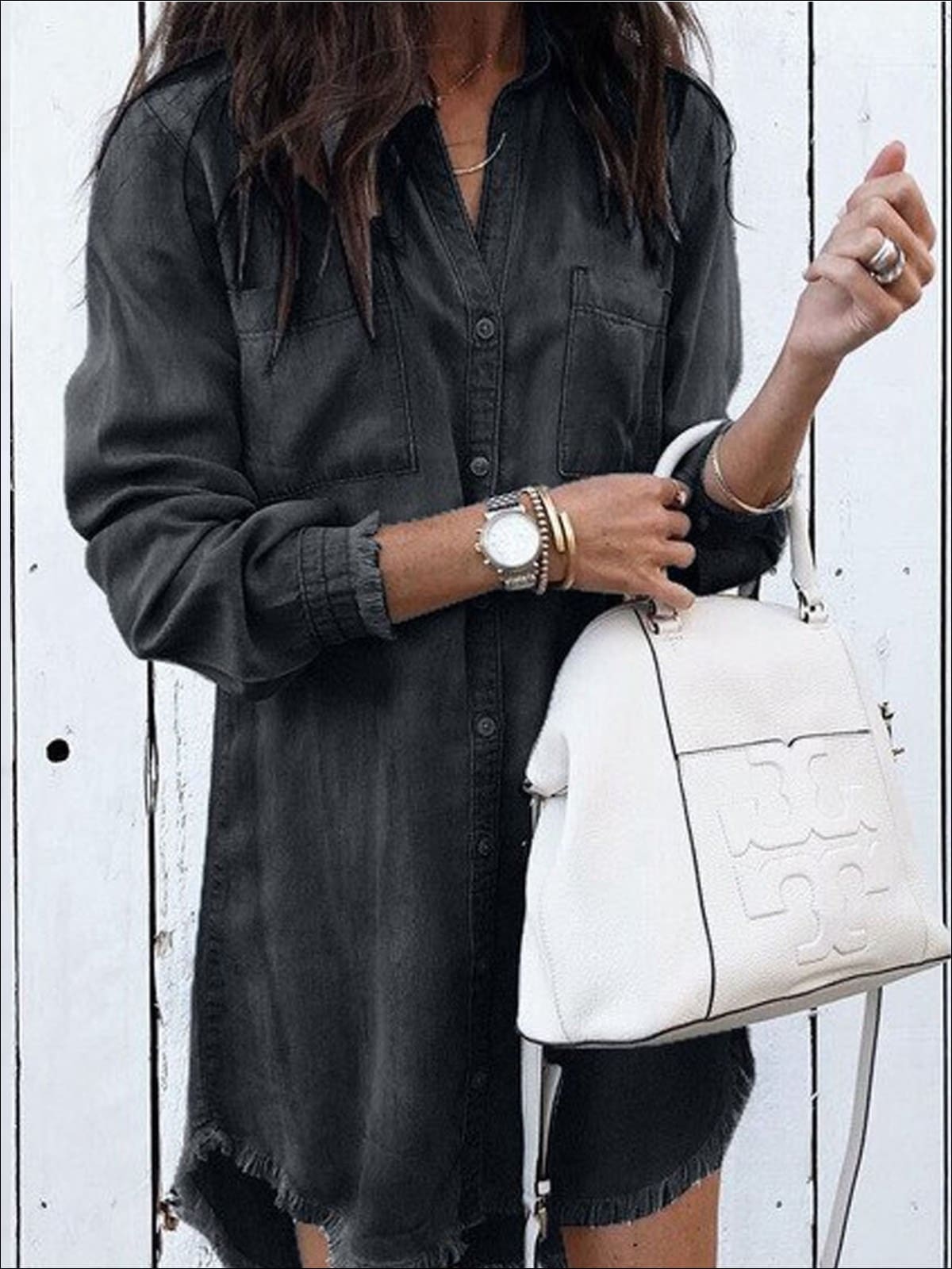 Womens Frayed Hem Denim Tunic - Black / S - Womens Tops