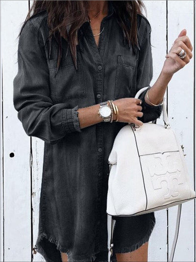 Womens Frayed Hem Denim Tunic - Black / S - Womens Tops
