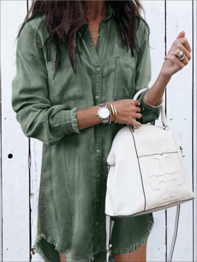 Womens Frayed Hem Denim Tunic - Green / S - Womens Tops