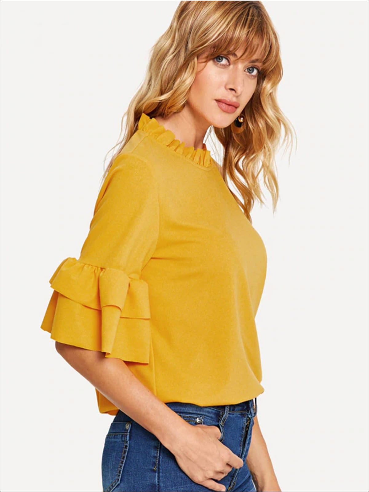 Womens Frill Neck Ruffled Sleeve Blouse - Womens Tops
