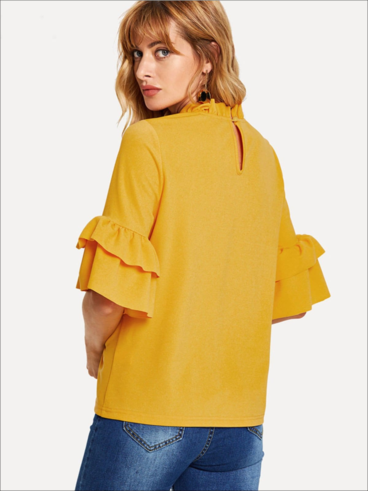 Womens Frill Neck Ruffled Sleeve Blouse - Womens Tops