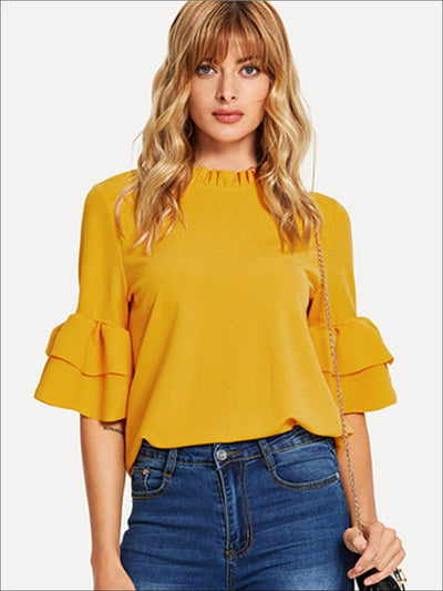 Womens Frill Neck Ruffled Sleeve Blouse - Yellow / XS - Womens Tops