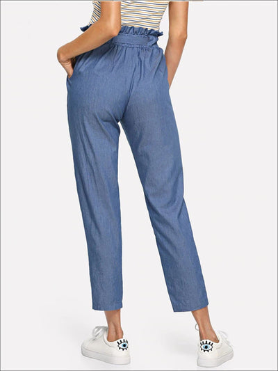 Womens Frilly Mid Waist Belted Trousers - Womens Bottoms