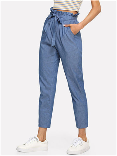 Womens Frilly Mid Waist Belted Trousers - Womens Bottoms