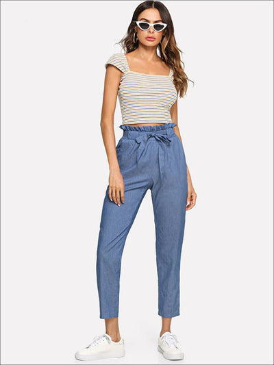 Womens Frilly Mid Waist Belted Trousers - Womens Bottoms