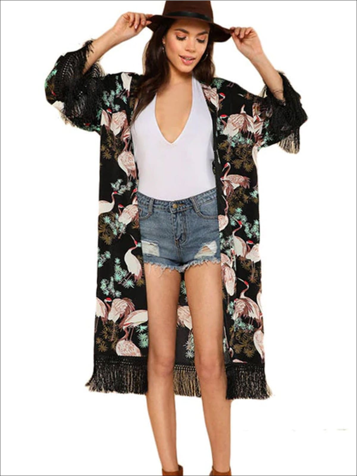 Womens Fringe Crane Bird Print Kimono - Womens Outerwear