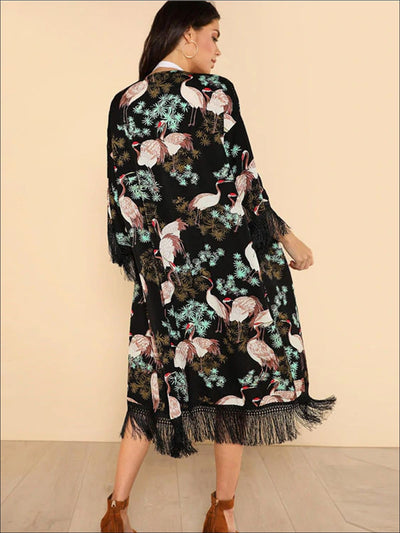 Womens Fringe Crane Bird Print Kimono - Womens Outerwear