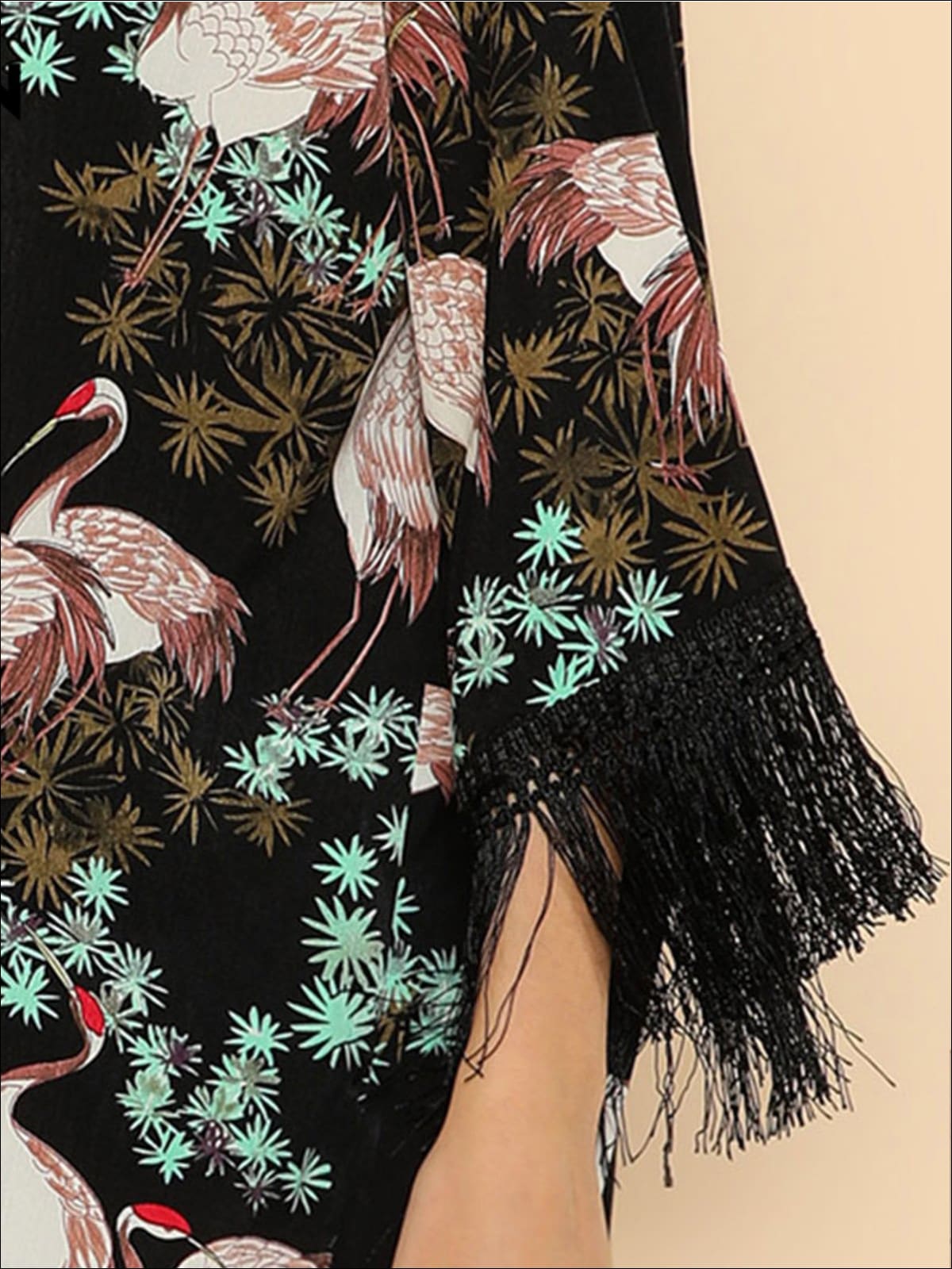 Womens Fringe Crane Bird Print Kimono - Womens Outerwear