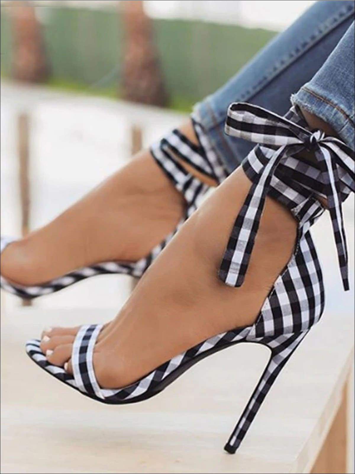 Womens Gingham Ankle Strap Open Toe Sandals - Womens Sandals