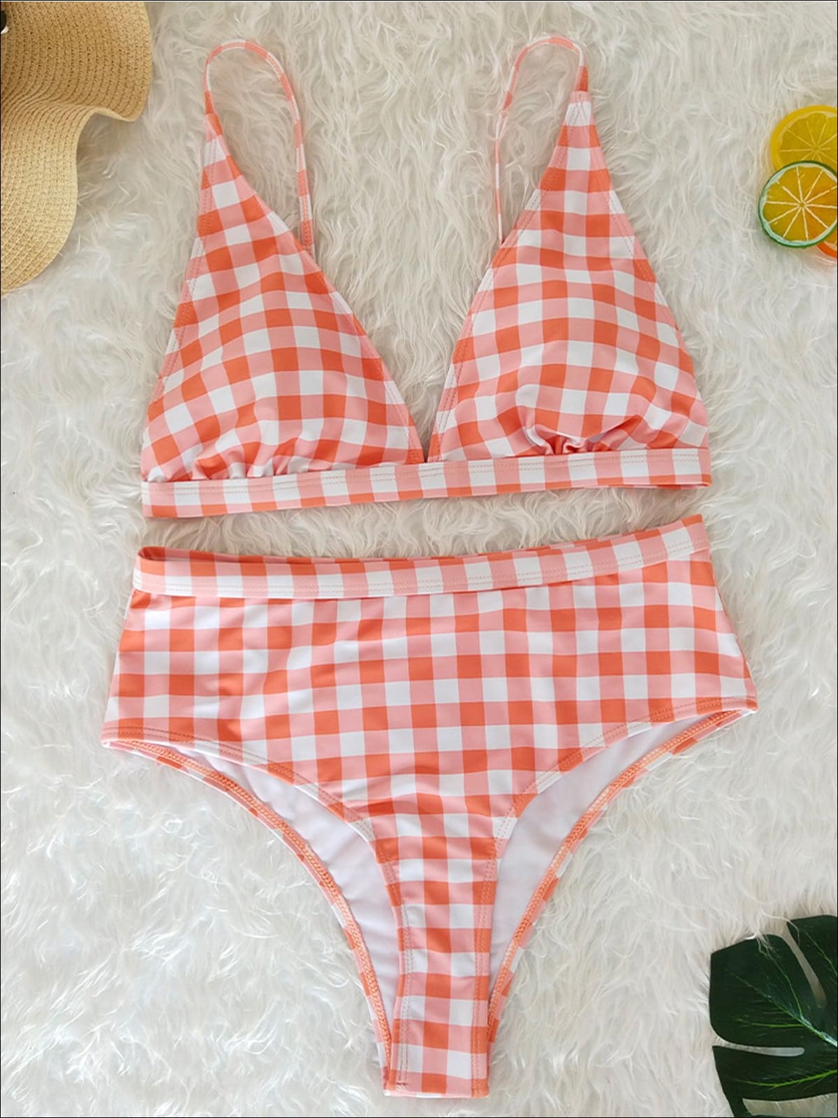 Womens Gingham High Waist Retro Two Piece Swimsuit - Orange / S - Womens Swimsuits