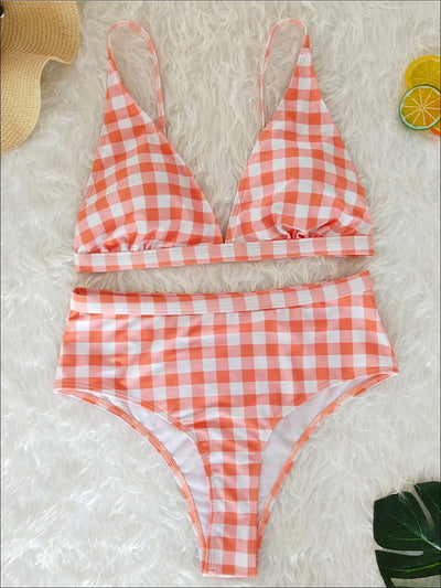 Womens Gingham High Waist Retro Two Piece Swimsuit - Orange / S - Womens Swimsuits