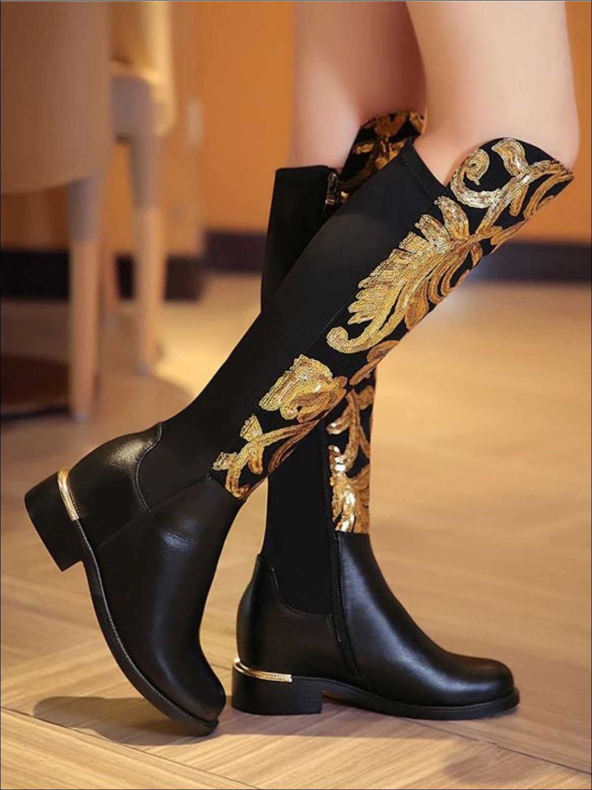 Womens Gold Sequined Knee High Boots - Womens Boots