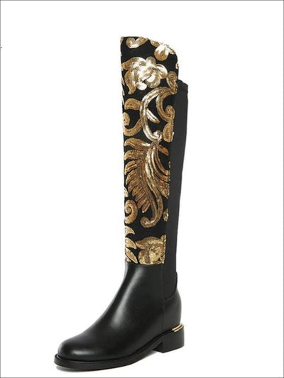 Womens Gold Sequined Knee High Boots - Womens Boots