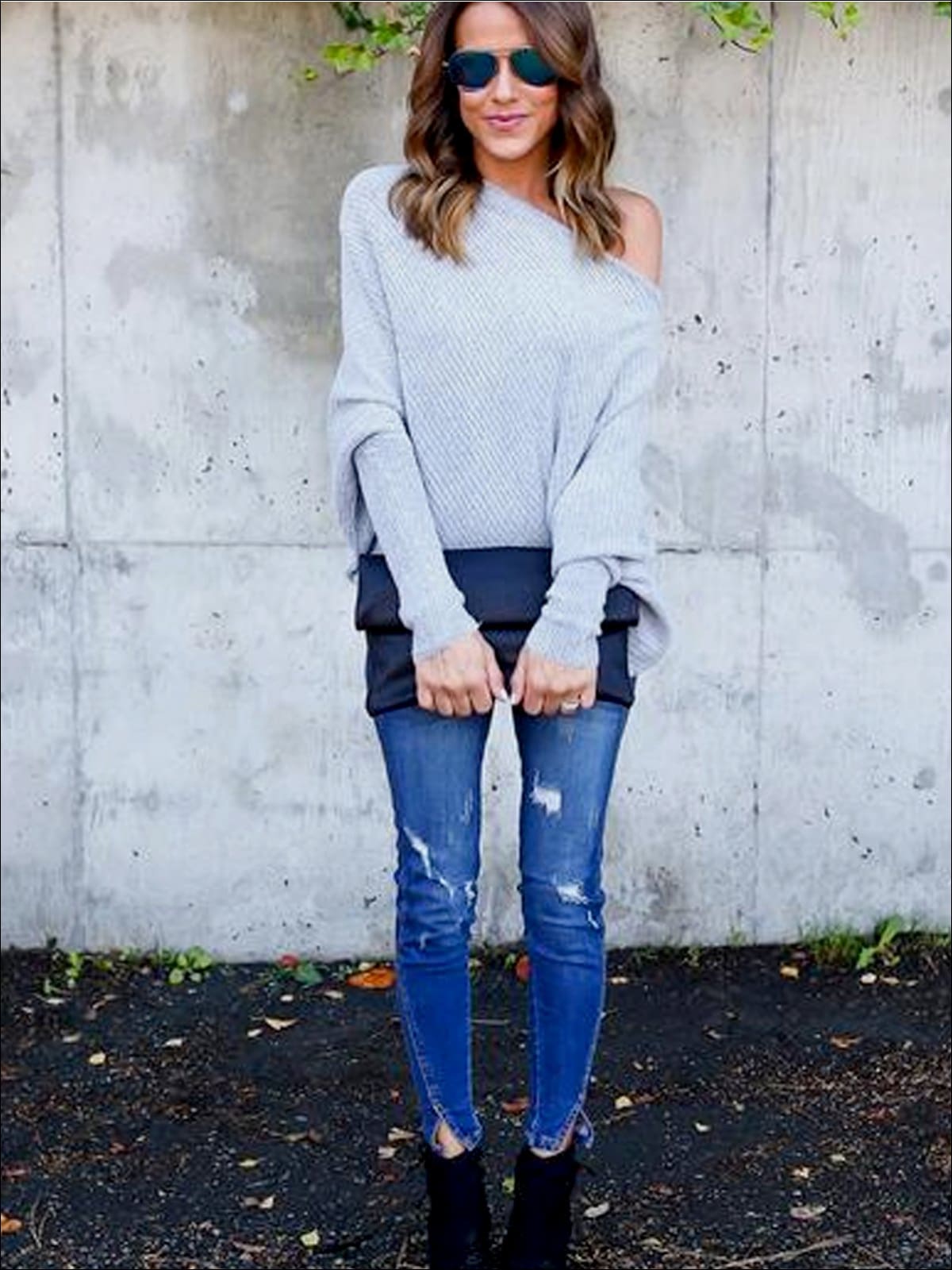 Womens Grey Off Shoulder Soft Ribbed Tunic - Womens Tops