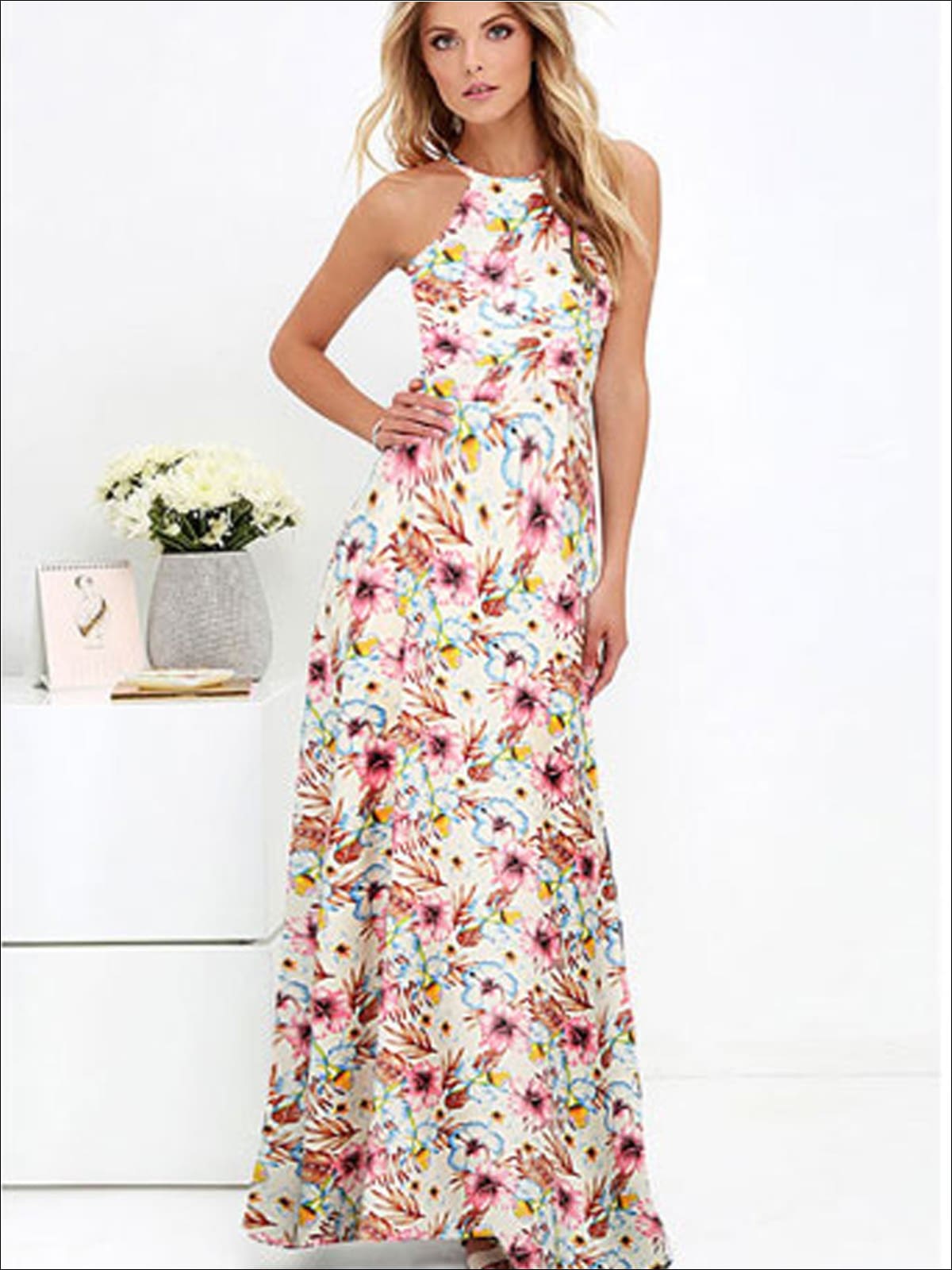 Womens Halter Floral A-Line Maxi Dress - Womens Dresses