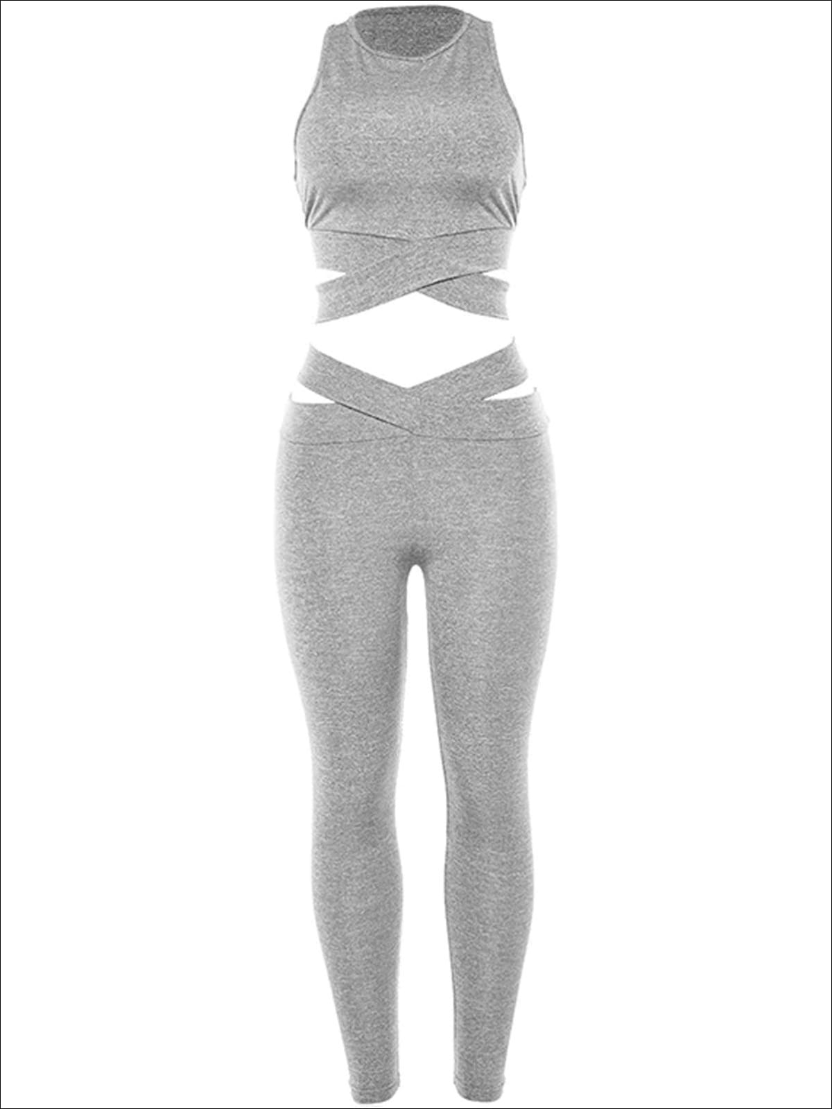 Womens Halter Strappy Crop Top with Matching Leggings Set - Womens Activewear