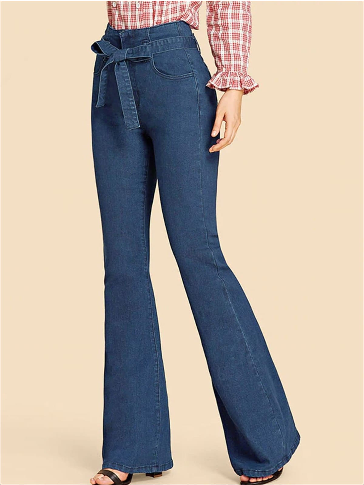 Womens High Waist Flare Leg Belted Denim Pants - Womens Bottoms