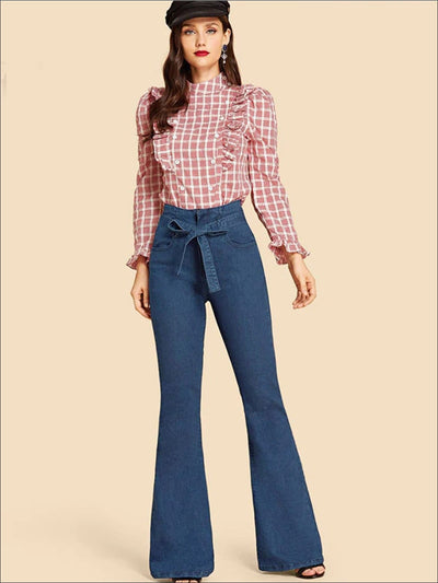 Womens High Waist Flare Leg Belted Denim Pants - Womens Bottoms