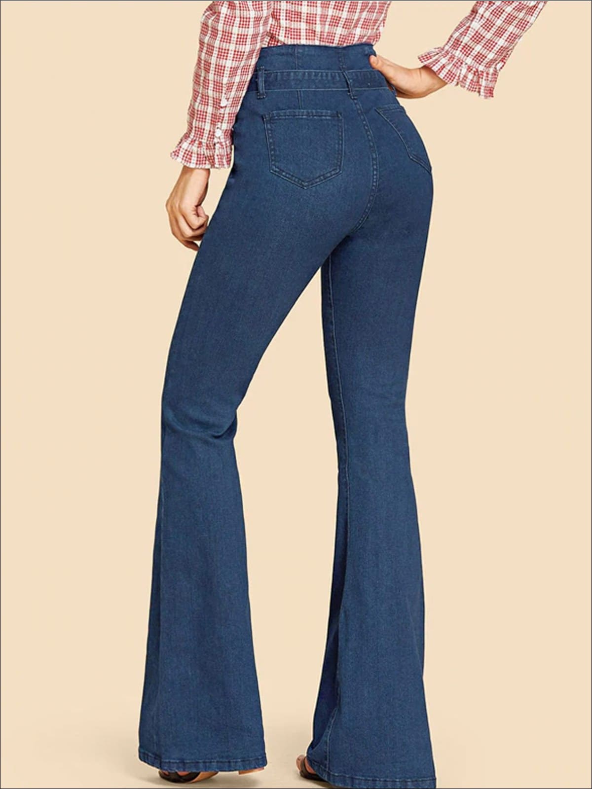 Womens High Waist Flare Leg Belted Denim Pants - Womens Bottoms