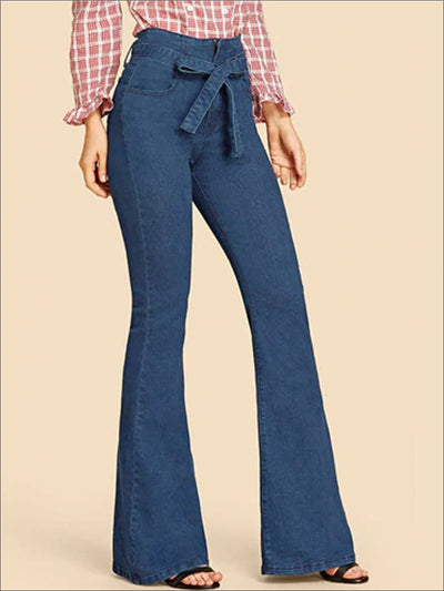 Womens High Waist Flare Leg Belted Denim Pants - Blue / S - Womens Bottoms