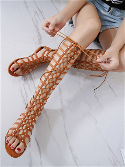 Women's Knee High Lace Up Gladiator Sandals - Mia Belle Girls