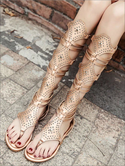 Womens Knee Length Embellished Gladiator Sandals - Womens Sandals