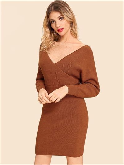 Womens Knit Batwing Casual Sweater Dress - Womens Fall Dresses