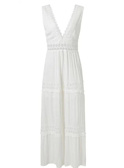 Womens Lace Hollow Out Backless Maxi Dress - White / S - Womens Dresses