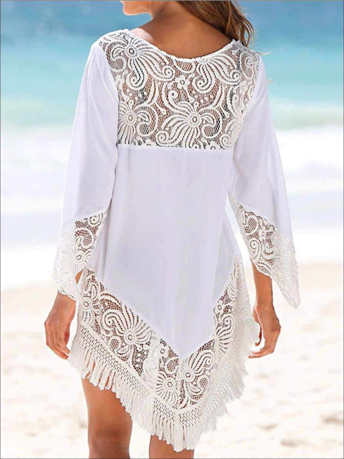 Womens Lace Hollow Out Fringe Hem Beach Dress - Womens Dresses