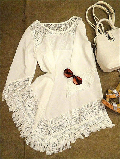 Womens Lace Hollow Out Fringe Hem Beach Dress - Womens Dresses