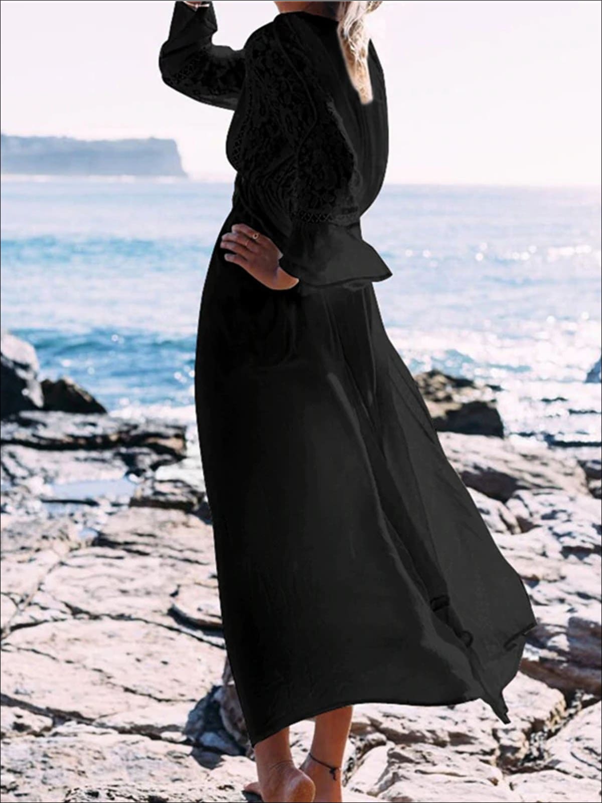 Womens Lace Maxi Plunge Cover Up With Drawstring - Womens Swimsuit