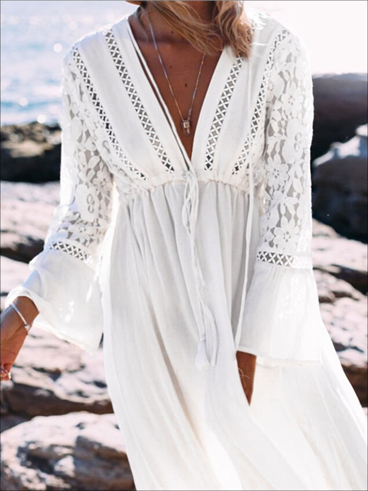 Womens Lace Maxi Plunge Cover Up With Drawstring - Womens Swimsuit