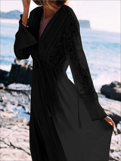 Womens Lace Maxi Plunge Cover Up With Drawstring - Black / One - Womens Swimsuit