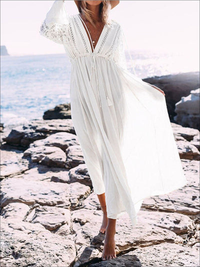 Womens Lace Maxi Plunge Cover Up With Drawstring - White / One - Womens Swimsuit