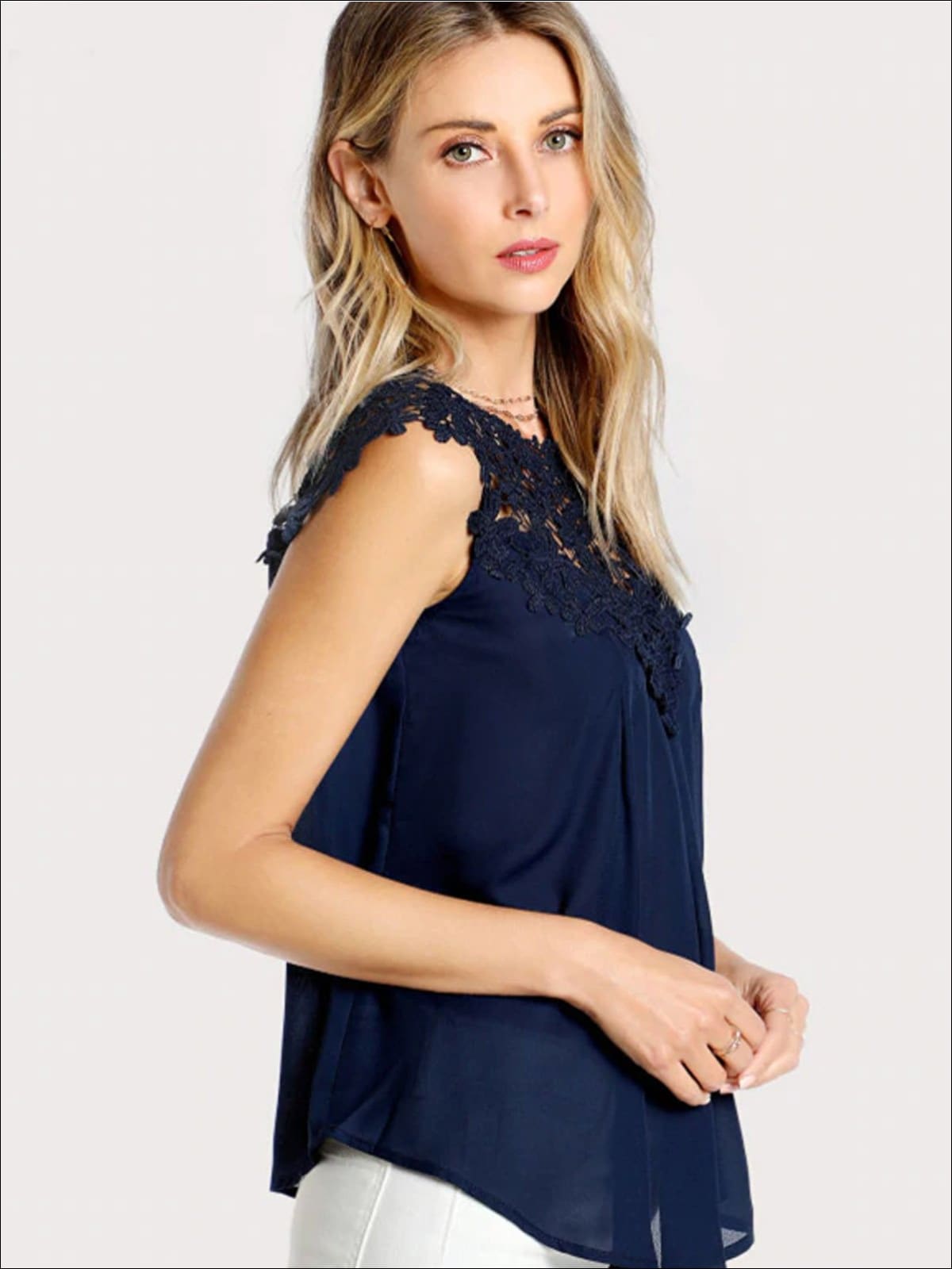 Womens Lace Mock Neck Sleeveless Blouse - Womens Tops
