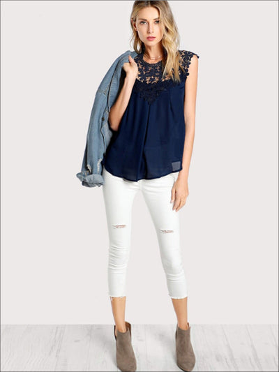 Womens Lace Mock Neck Sleeveless Blouse - Womens Tops