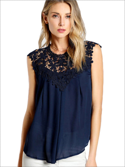 Womens Lace Mock Neck Sleeveless Blouse - Navy / XS - Womens Tops