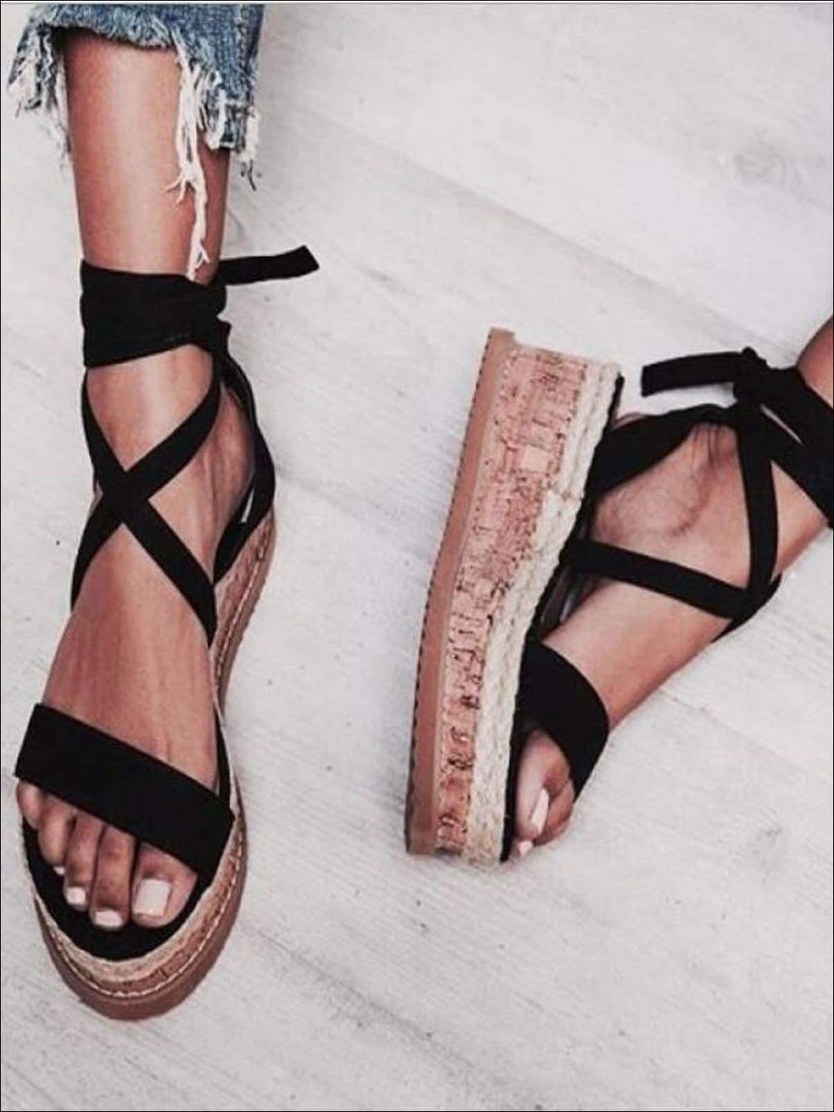 Womens Lace Up Espadrilles Platform Sandals - Black / 4 - Womens Sandals