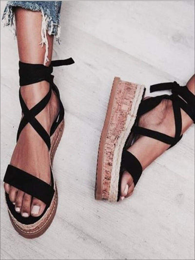 Womens Lace Up Espadrilles Platform Sandals - Black / 4 - Womens Sandals