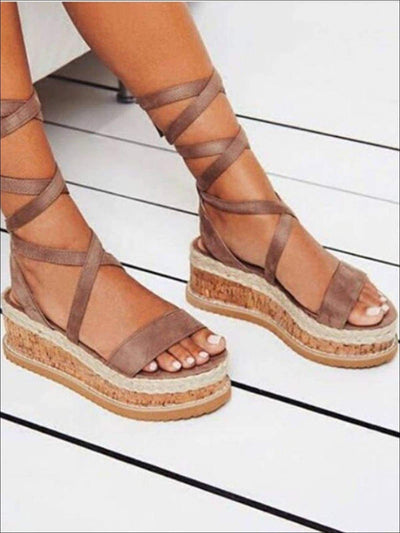 Womens Lace Up Espadrilles Platform Sandals - Brown / 4 - Womens Sandals