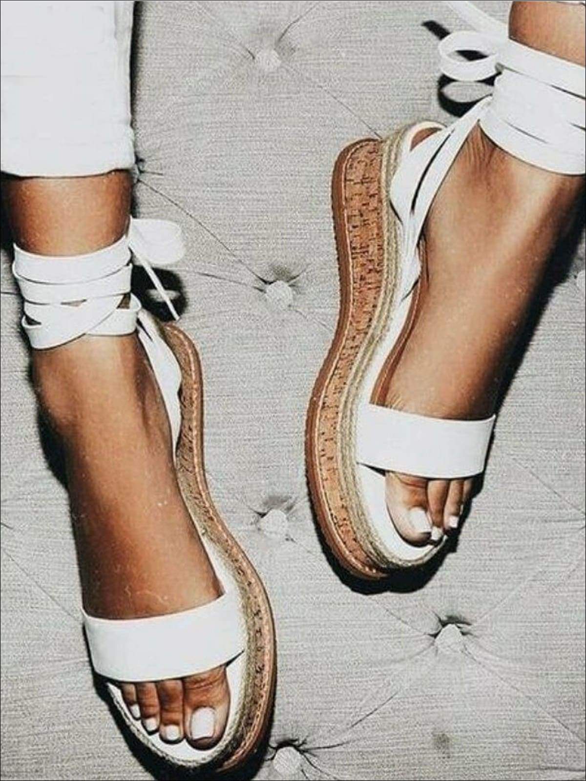 Womens Lace Up Espadrilles Platform Sandals - White / 4 - Womens Sandals